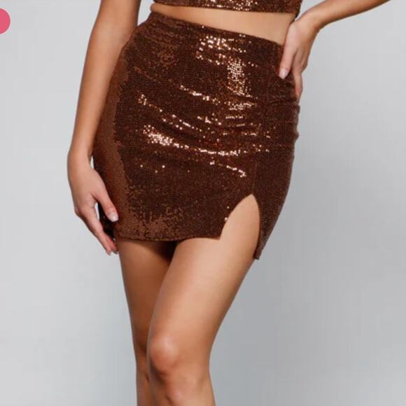 Windsor S Bronze Brown Sequin High Rise Slit Shiny Glittery Mini Skirt - Picture 2 of 9